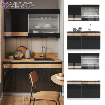 Vicco Küchenzeile Küchenblock Einbauküche Fame-Line Weiß Schwarz Eiche 140 cm modern Hochglanz Küchenschränke Küchenmöbel
