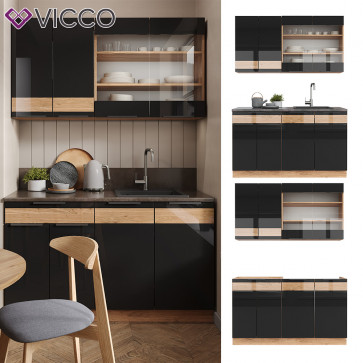 Vicco Küchenzeile Küchenblock Einbauküche Fame-Line Eiche Schwarz 140 cm modern Hochglanz Küchenschränke Küchenmöbel
