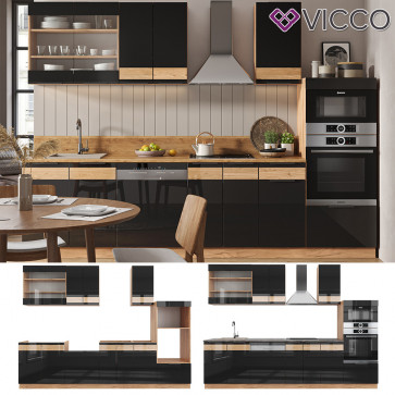 Vicco Küchenzeile Küchenblock Einbauküche Fame-Line Eiche Schwarz 300 cm modern Hochglanz Küchenschränke Küchenmöbel