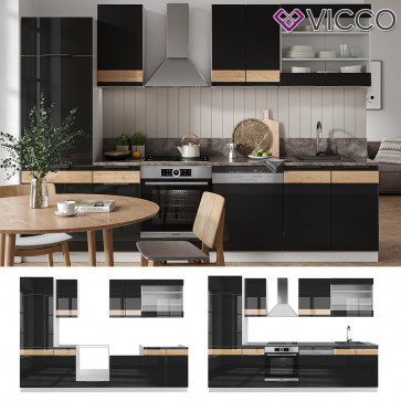 Vicco Küchenzeile Küchenblock Einbauküche Fame-Line Weiß Schwarz Eiche 300 cm modern Hochglanz Küchenschränke Küchenmöbel