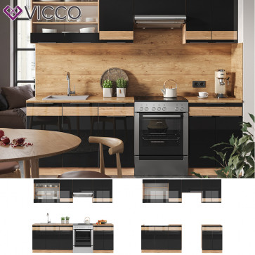 Vicco Küchenzeile Küchenblock Einbauküche Fame-Line Eiche Schwarz 240 cm modern Hochglanz Küchenschränke Küchenmöbel