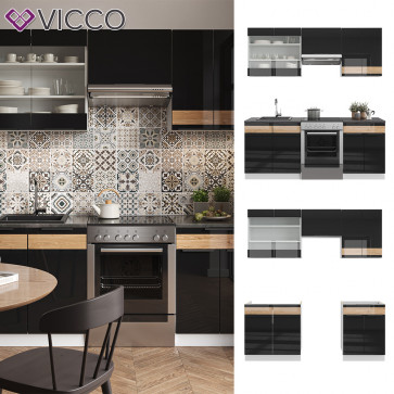 Vicco Küchenzeile Küchenblock Einbauküche Fame-Line Weiß Schwarz Eiche 200 cm modern Hochglanz Küchenschränke Küchenmöbel