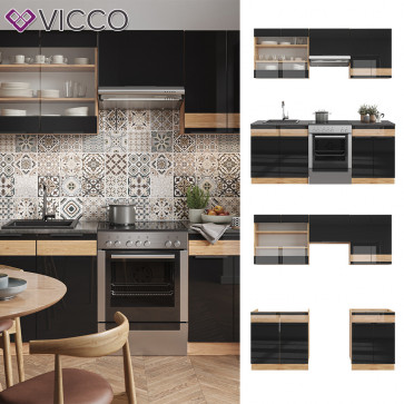 Vicco Küchenzeile Küchenblock Einbauküche Fame-Line Eiche Schwarz 200 cm modern Hochglanz Küchenschränke Küchenmöbel