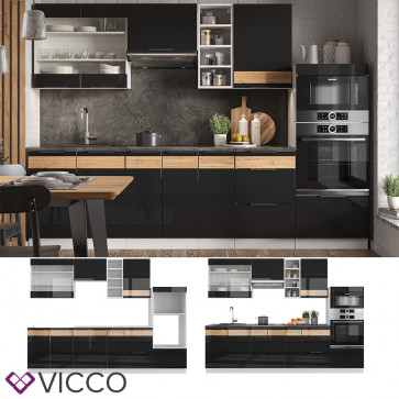 Vicco Küchenzeile Küchenblock Einbauküche Fame-Line Weiß Schwarz Eiche 280 cm modern Hochglanz Küchenschränke Küchenmöbel