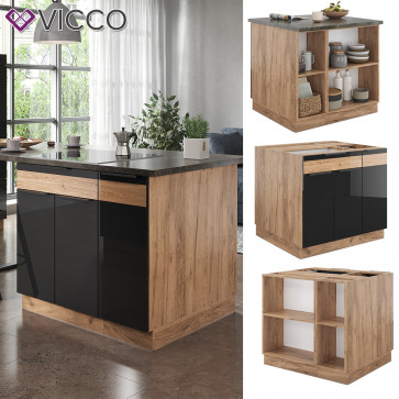 Vicco Kücheninsel Küchenblock Einbauküche Fame-Line Eiche Schwarz 90 cm modern Hochglanz Küchenschränke Küchenmöbel