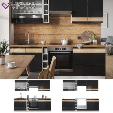 Vicco Küchenzeile Küchenblock Einbauküche Fame-Line Weiß Schwarz Eiche 235 cm modern Hochglanz Küchenschränke Küchenmöbel
