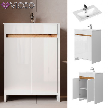 Vicco Waschbecken mit Unterschrank Lemgo 60 cm breit, Waschtisch stehend Weiß