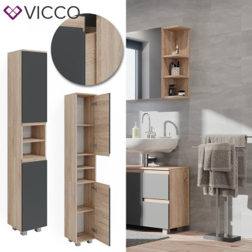 Vicco Hochschrank Badschrank Badezimmermöbel J-shape Sonoma Anthrazit modern 30x190cm Badezimmer Schrank Badmöbel Schranktür Schrankfach Aufbewahrung Ablage