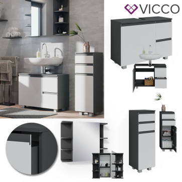 Vicco Badmöbelset J-shape Anthrazit Weiß modern Badezimmer Schrank Badschrank Waschtischunterschrank Spiegelschrank Midischrank Schranktür Schrankschublade Schrankfach Ablage Aufbewahrung