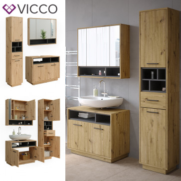 Vicco Badmöbel-Set Badezimmer-Möbel Bad-Schrank Beatrice Eiche Anthrazit modern Badezimmerschrank Waschtischunterschrank Spiegelschrank Hochschrank Schranktür Schrankfach