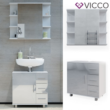 Vicco Badmöbelset Ilias Weiß Hochglanz modern Badezimmer Schrank Badschrank Waschtischunterschrank Spiegelschrank Schranktür Schrankschublade Aufbewahrung