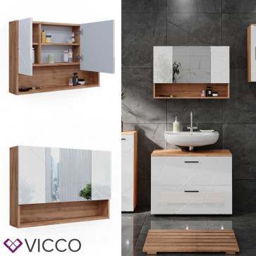 Vicco Spiegelschrank Badspiegel Wandspiegel Irma Eiche Weiß Hochglanz modern 80x55 cm Badezimmer Schrank Badschrank Badezimmermöbel Badmöbel 3 Türen