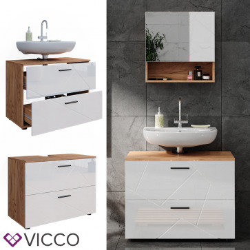 Vicco Waschtischunterschrank Waschbeckenunterschrank Irma Eiche Weiß Hochglanz modern 80x59 cm Badezimmer Schrank Badschrank Badkommode Badmöbel 2 Schubladen