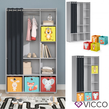 Vicco Kinderkleiderschrank Kinderzimmerschrank Kindergarderobe Luigi Hellgrau Faltbox 106 x 178 cm modern Schrankregal Jugendzimmerschrank Organizer Vorhang Kleiderstange Fächer Aufbewahrung Spielzeugablage