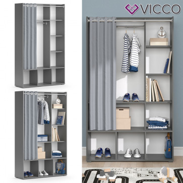 Vicco Kinderkleiderschrank Kinderzimmerschrank Kindergarderobe Luigi Grau 106 x 178 cm modern Schrankregal Jugendzimmerschrank Organizer Vorhang Kleiderstange Fächer Aufbewahrung Spielzeugablage