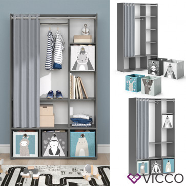 Vicco Kinderkleiderschrank Kinderzimmerschrank Kindergarderobe Luigi Grau Faltbox 106 x 178 cm modern Schrankregal Jugendzimmerschrank Organizer Vorhang Kleiderstange Fächer Aufbewahrung Spielzeugablage