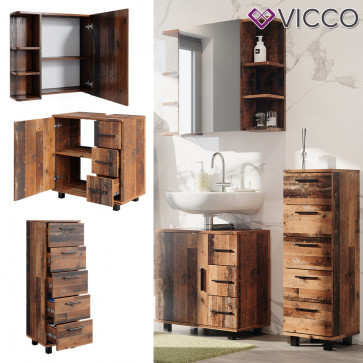 Vicco Badmöbelset Ilias Old Style modern Badezimmerschrank Badschrank Badezimmermöbel Waschtischunterschrank Waschbeckenunterschrank Spiegelschrank Midischrank Schranktür Schrankfach Schrankschublade