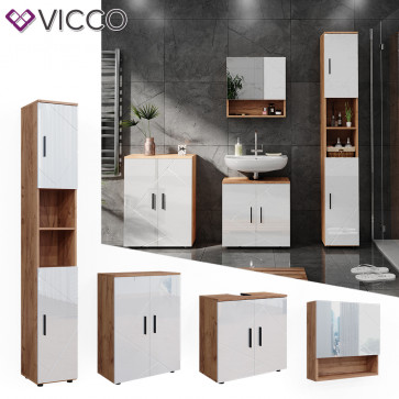 Vicco Badmöbelset Irma Eiche Weiß Hochglanz modern Badezimmerschrank Badschrank Badezimmermöbel Waschtischunterschrank Spiegelschrank Hochschrank Kommode Schranktür Schrankfach