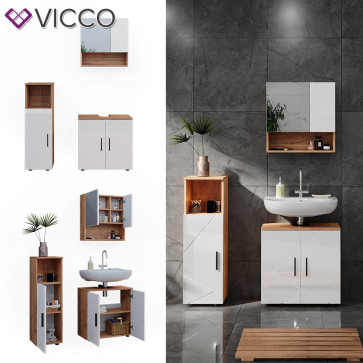 Vicco Badmöbelset Irma Eiche Weiß Hochglanz modern Badezimmerschrank Badschrank Badezimmermöbel Waschtischunterschrank Spiegelschrank Midischrank Schranktür Schrankfach