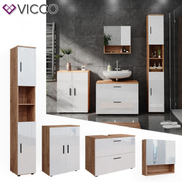 Vicco Badmöbelset Irma Eiche Weiß Hochglanz modern Badezimmerschrank Badschrank Badezimmermöbel Waschtischunterschrank Spiegelschrank Kommode Hochschrank Schrankschublade Schranktür Schrankfach