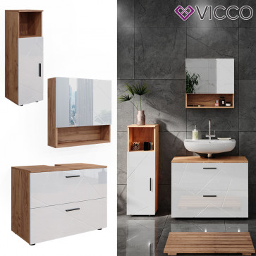 Vicco Badmöbelset Irma Eiche Weiß Hochglanz modern Badezimmerschrank Badschrank Badezimmermöbel Waschtischunterschrank Spiegelschrank Midischrank Schrankschublade Schranktür Schrankfach