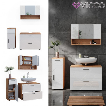 Vicco Badmöbelset Irma Eiche Weiß Hochglanz modern 80 cm 30 cm Badezimmerschrank Badschrank Badezimmermöbel Waschtischunterschrank Spiegelschrank Midischrank Schranktür Schrankfach Schrankschublade