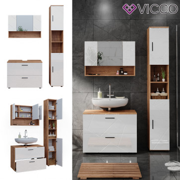 Vicco Badmöbelset Irma Eiche Weiß Hochglanz modern 80 cm 30 cm Badezimmerschrank Badschrank Badezimmermöbel Waschtischunterschrank Spiegelschrank Hochschrank Schranktür Schrankfach Schrankschublade