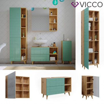 Vicco Badmöbel-Set Rudi in Eiche Evoke Mintgrün, Badezimmer, moderne Badserie Waschbeckenunterschrank Spiegelschrank Hochschrank Midischrank