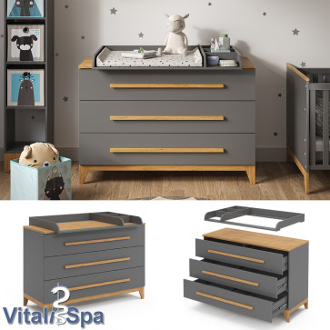 VitaliSpa Wickelkommode Malia XL 133 x 98 cm, Grau Eiche, Wickeltisch inkl. Wickelauflage