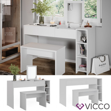 Vicco Schminktisch Kira, 129 x 76 cm, Weiß, Frisiertisch inkl. Spiegel und Bank, modern