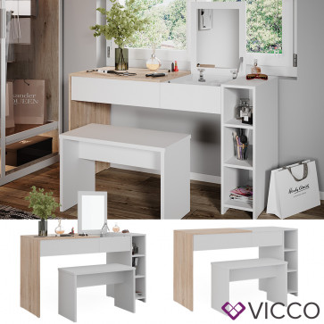 Vicco Schminktisch Kira, 129 x 76 cm, Weiß Sonoma, Frisiertisch, Spiegel, Bank, modern