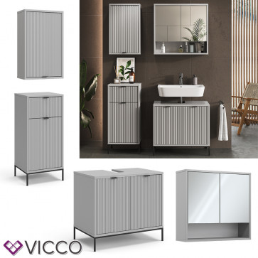 Vicco Badmöbel-Set Eliza, Grau, Badezimmer, moderne Badserie, extravagante Fronten, Waschtischunterschrank, Spiegelschrank, Midischrank, Hängeschrank