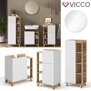 Vicco Badmöbel-Set Karen, Sonoma Weiß, moderne Badezimmerserie, 2 Farben, Waschtischunterschrank, Badspiegel; Midischrank, Unterschrank