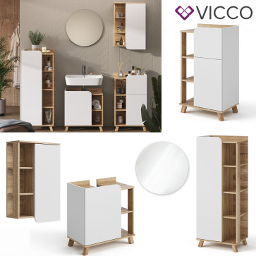 Vicco Badmöbel-Set Karen, Sonoma Weiß, moderne Badezimmerserie, 2 Farben, Waschtischunterschrank, Badspiegel; Midischrank, Unterschrank, Hängeschrank