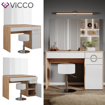 Vicco Schminktisch Adela Natural Rockford Hickory Weiß 115x76 cm Spiegel, Hocker