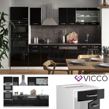 Vicco Küchenzeile R-Line Solid Weiß Schwarz 300 cm Arbeitsplatte modern Küchenschränke Küchenmöbel