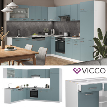 Vicco Eckküche R-Line Solid Weiß Blau Grau 287x227 cm modern Küchenschränke Küchenmöbel