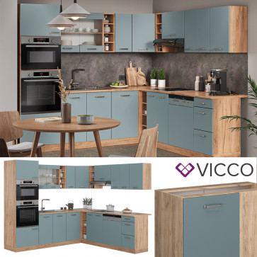 Vicco Eckküche R-Line Solid Eiche Blau Grau 247x237 cm modern Küchenschränke Küchenmöbel
