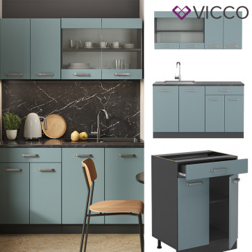 Vicco Küchenzeile R-Line Solid Anthrazit Blau Grau 140 cm modern Küchenschränke Küchenmöbel