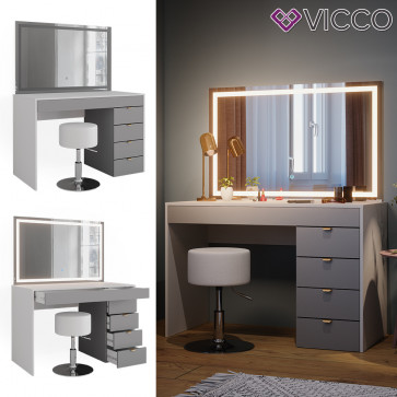 Vicco Schminktisch Elise Weiß Grau 115 x 76 cm modern Frisiertisch Schubladen LED-Spiegel Hocker