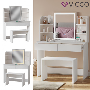 Vicco Schminktisch Charlotte Weiß 106 cm mit LED-Spiegel QI-Ladestation und Bank