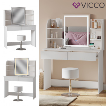 Vicco Schminktisch Charlotte Weiß 106 cm mit LED-Spiegel QI-Ladestation und Hocker