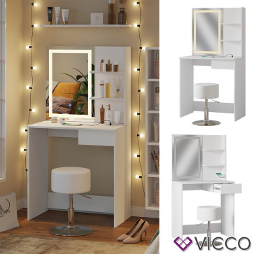 Vicco Schminktisch Dekos Weiß 75 cm mit LED-Spiegel QI-Ladestation und Hocker