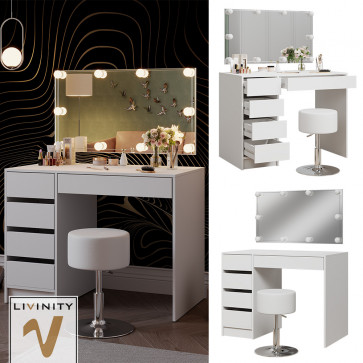 Livinity Schminktisch Thalia Weiß Hochglanz 100 cm mit LED-Beleuchtung und Hocker