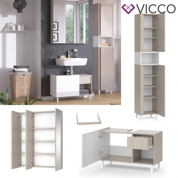 Vicco Badmöbel-Set Arianna Greige Weiß, modernes Design, Badezimmer Spiegelschrank Waschtischunterschrank Wandregal Hochschrank
