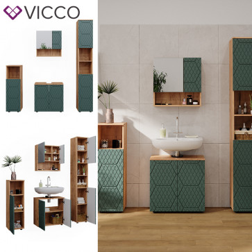 Vicco Badmöbel-Set Irma Eiche Grün 4-teilig Hochschrank Midischrank 95 cm