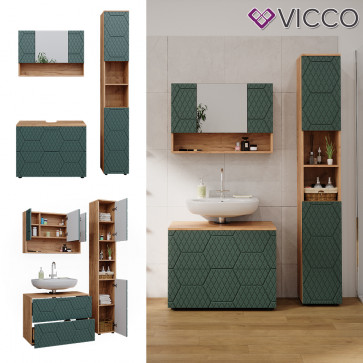 Vicco Badmöbel-Set Irma Eiche Grün 3-teilig Hochschrank Waschbeckenschrank 80 cm