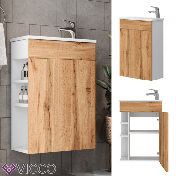 Vicco Badmöbel-Set Amadeo Weiß Eiche 2-teilig Waschbecken Waschtischunterschrank große Tür