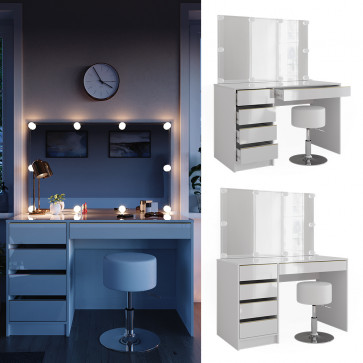 Vicco Schminktisch Sherry Weiß Hochglanz Gold 120 x 75 cm 5 Schubladen Spiegel Hocker LED