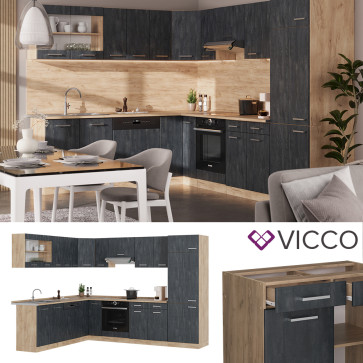 Vicco Eckküche R-Line 287x227 cm Schwarz Beton Eiche ohne Arbeitsplatte